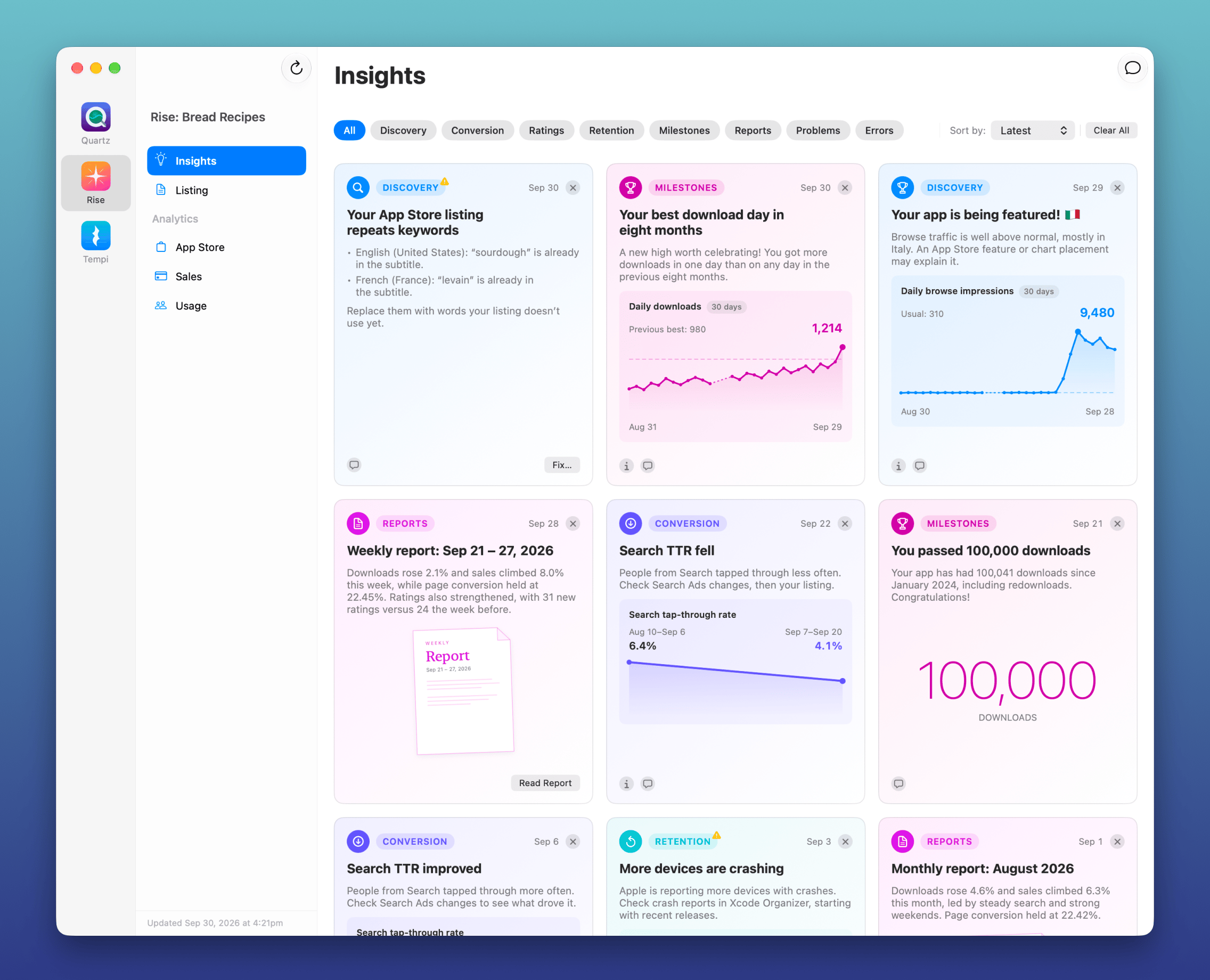Insights screen with cards for keyword issues, download milestones, featuring, and weekly reports