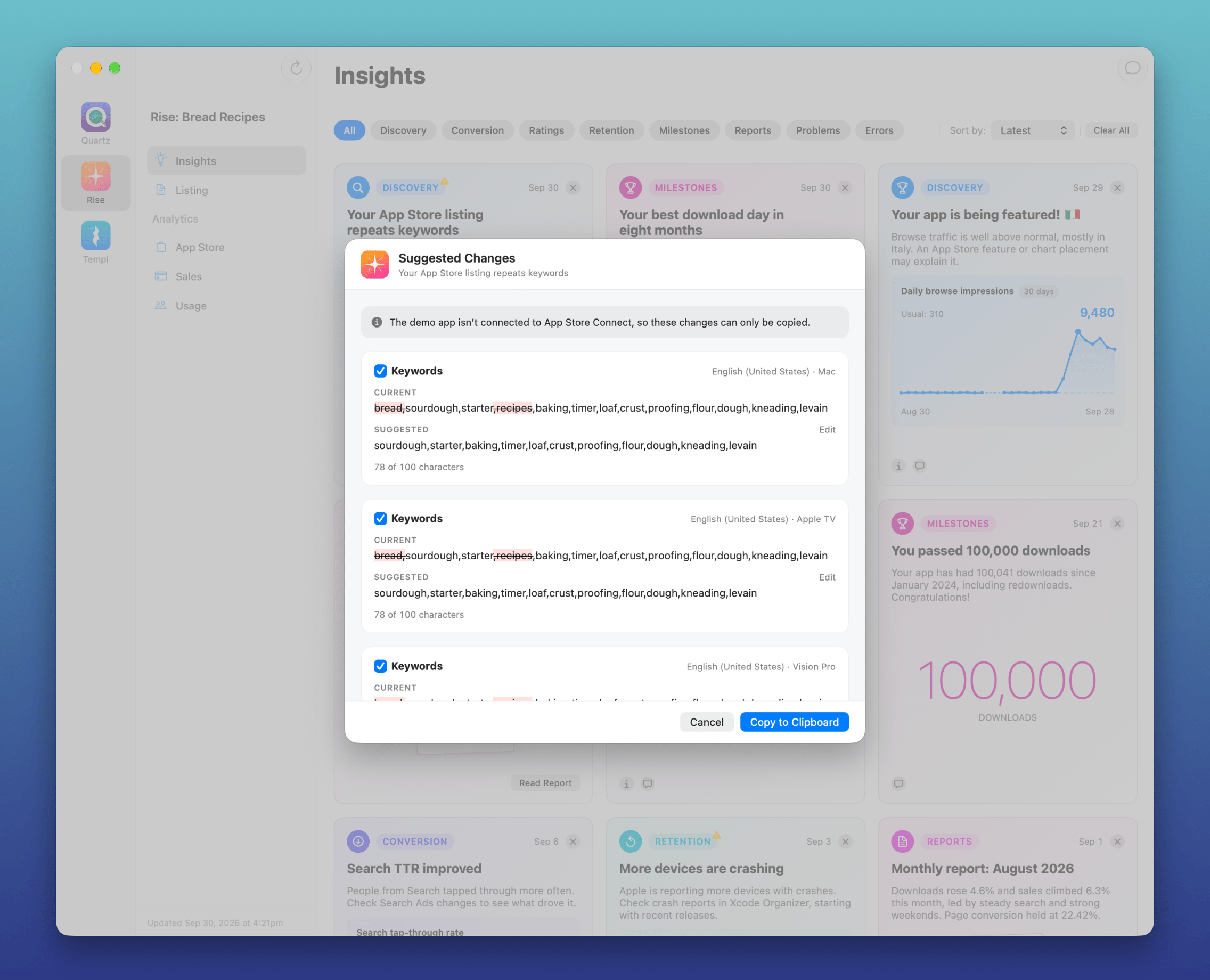 Suggested Changes sheet removing repeated keywords from an App Store listing
