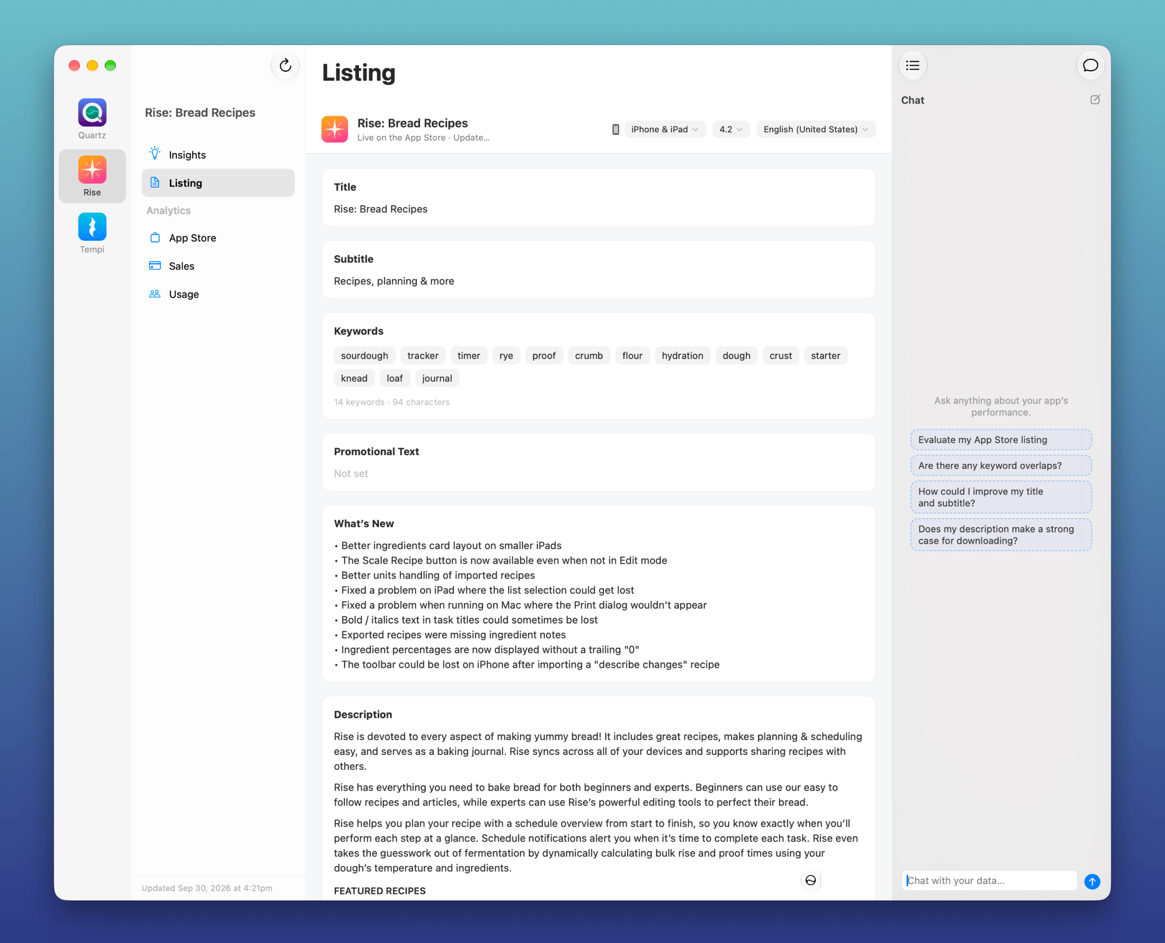 Listing screen showing title, subtitle, keywords, and description, with suggested chat questions