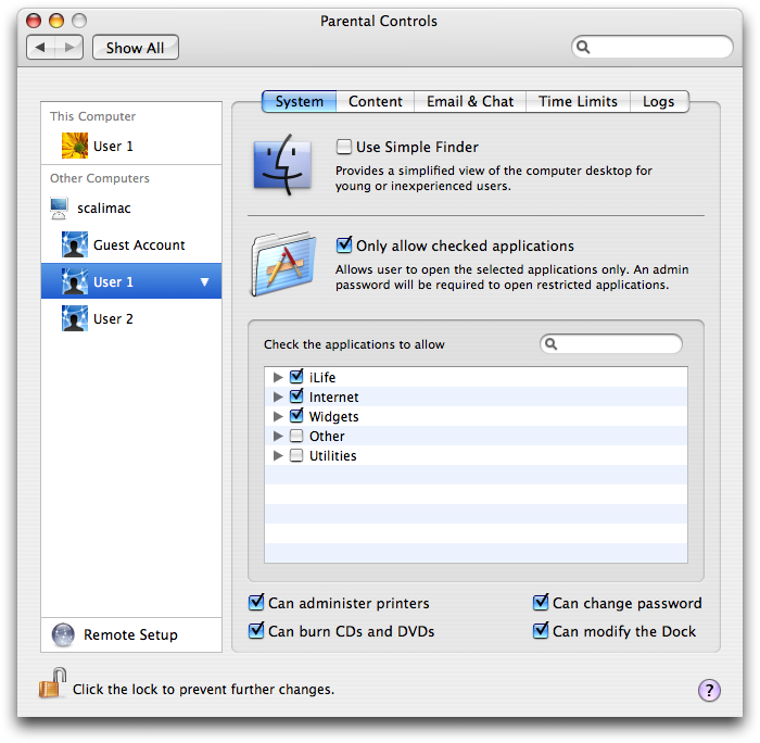 Parental Controls System tab with Simple Finder and allowed applications