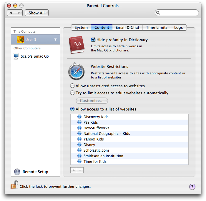 Parental Controls Content tab with website restrictions