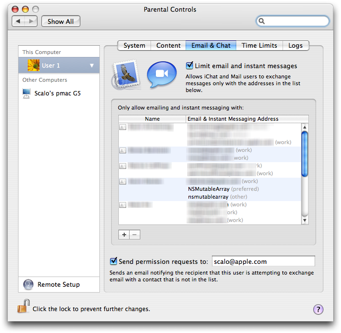 Parental Controls Email & Chat tab with allowed contacts