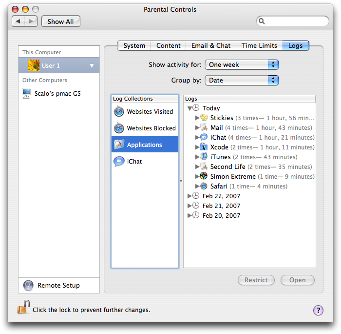 Parental Controls Logs tab showing application usage