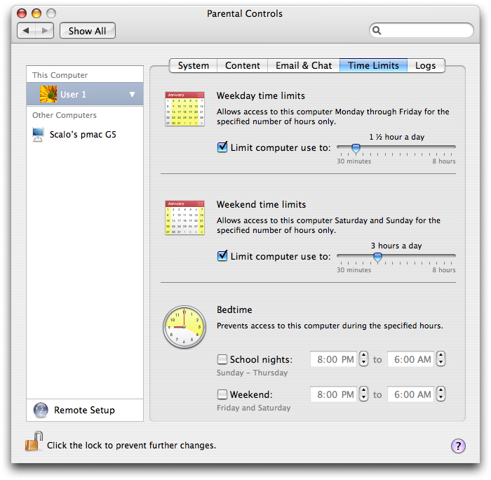 Parental Controls Time Limits tab with weekday, weekend, and bedtime limits