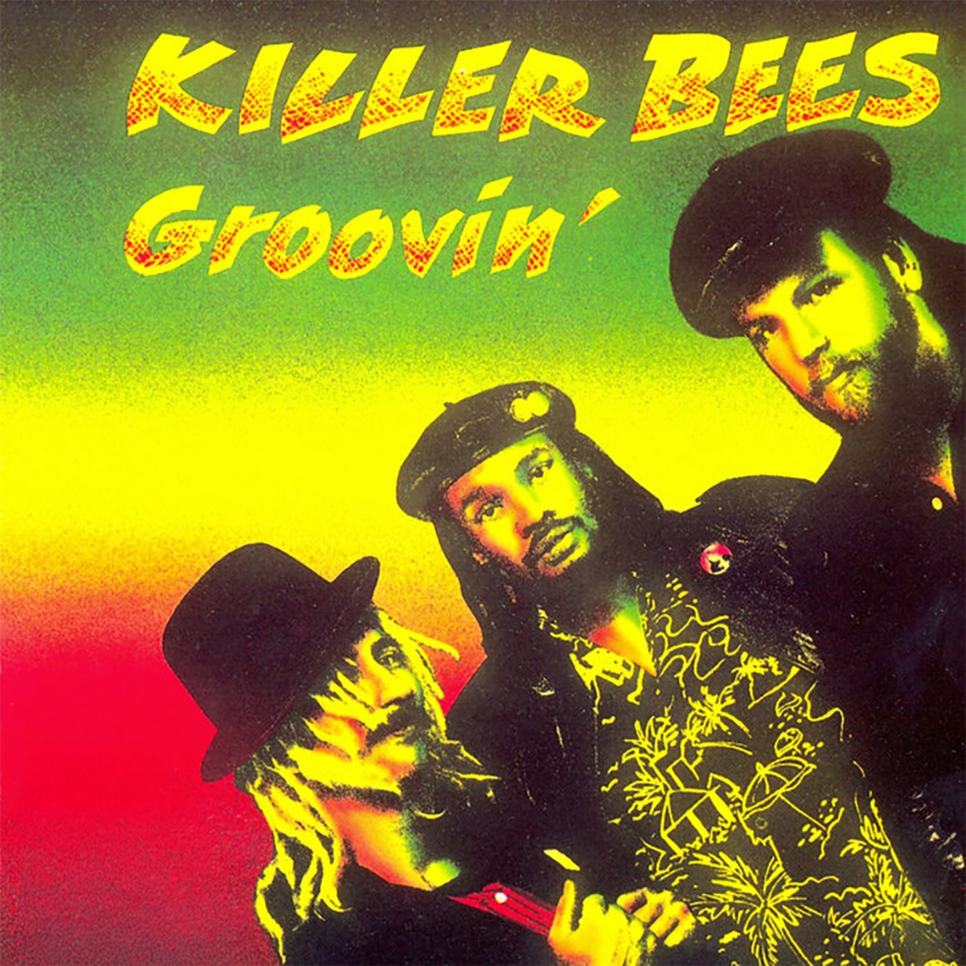 Cover of the Killer Bees album Groovin’, showing three band members in hats against a red, yellow, and green background